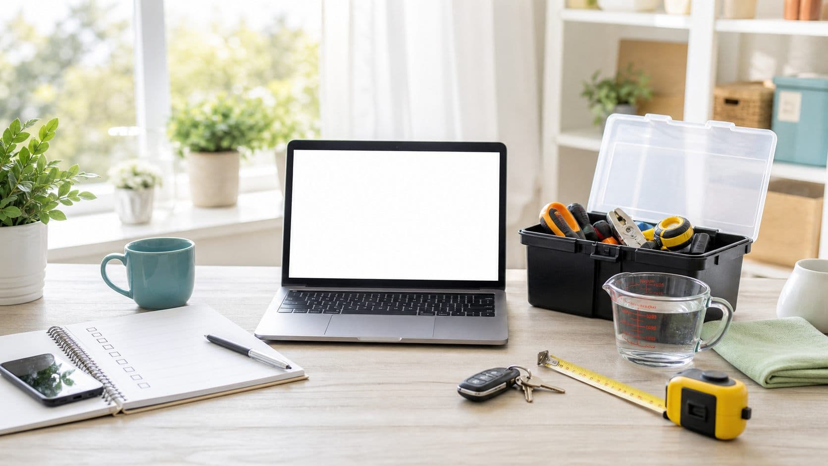 Organized desk with practical tools used for everyday tasks